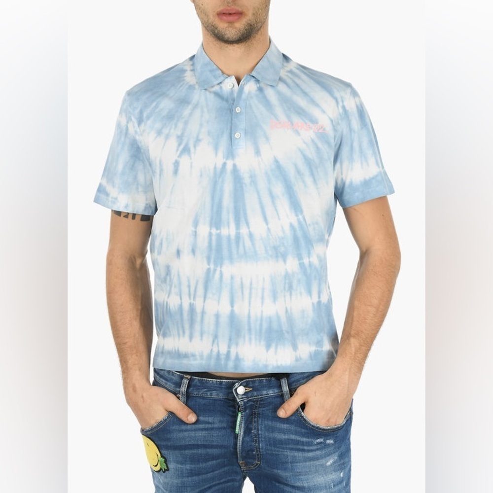 NWT DSquared2 Tie Dye Motif Box Fit Polo Shirt Blue Short Sleeve Sz XXL